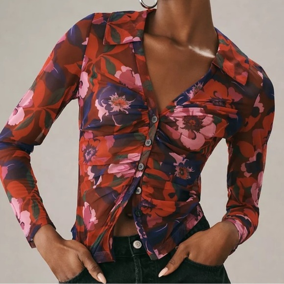 Maeve Tops - NWT Anthropologie Maeve Ruched Floral Mesh Sheer Blouse Top Shirt Red Small S